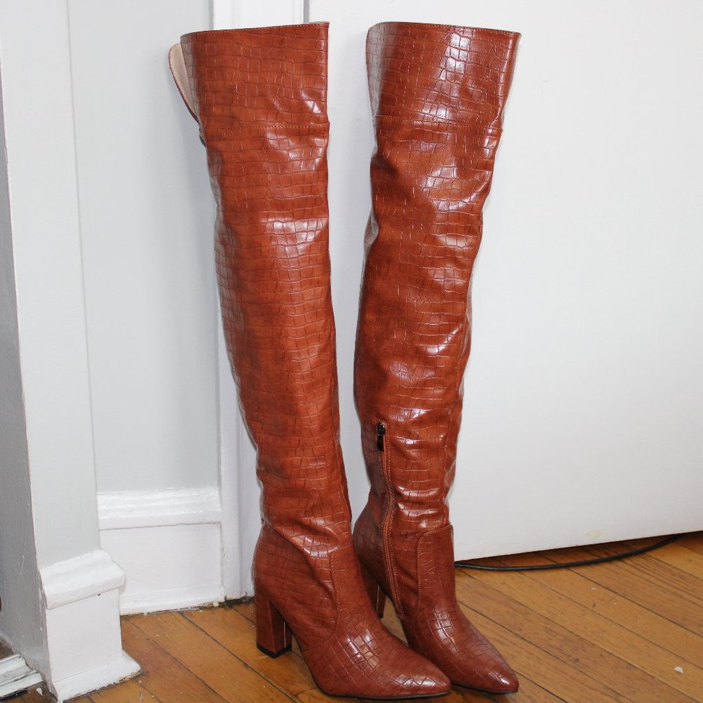 Croc Embossed Over Knee Chunky Heeled Boots